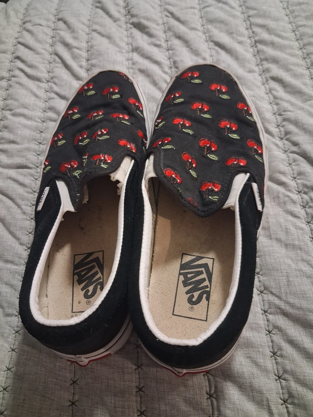 LadiesBlack Slip-On Shoes with Red Cherry Print Vans